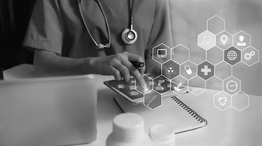 Grayscale healthcare stethoscope on desk